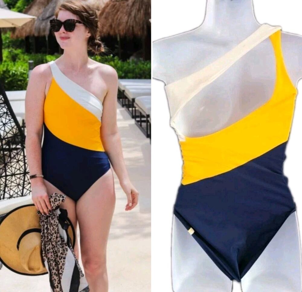 Summersalt Sidestroke One Piece Swimsuit Navy Colorblock One Shoulder Size 2